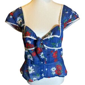 Free People NWT Daisy Floral Tie-Front Blouse in Blue with Red and White